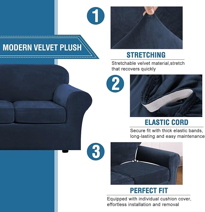 H.VERSAILTEX Modern Velvet Plush 4 Piece High Stretch Sofa Slipcover Sofa Cover - Image 3
