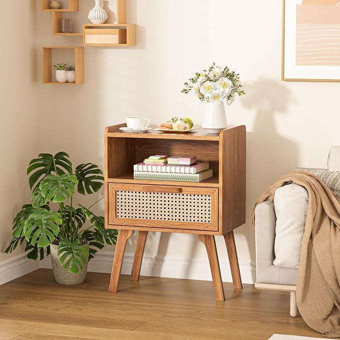Lerliuo Rattan Nightstands Set of 2, Side Table with Drawer, Cane Accent Beds...