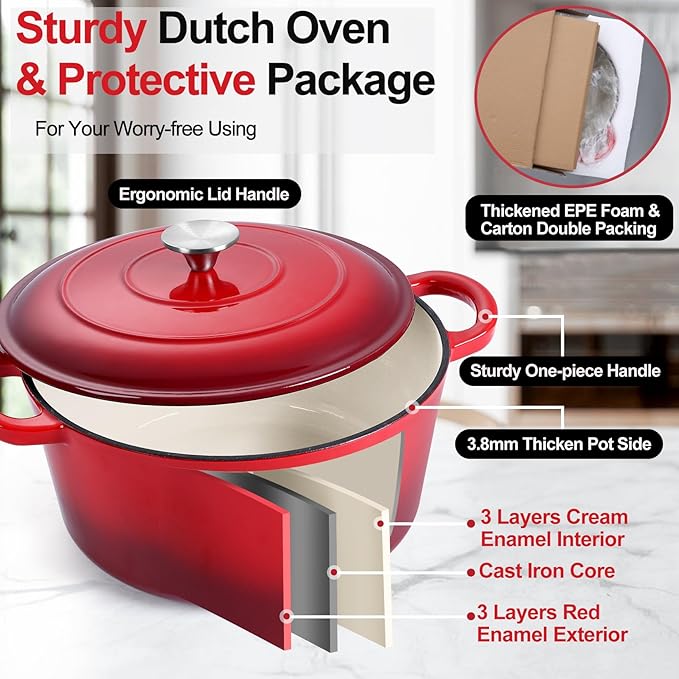 P&P CHEF 5QT Enameled Dutch Oven, Cast Iron Dutch Oven Pot - Image 3