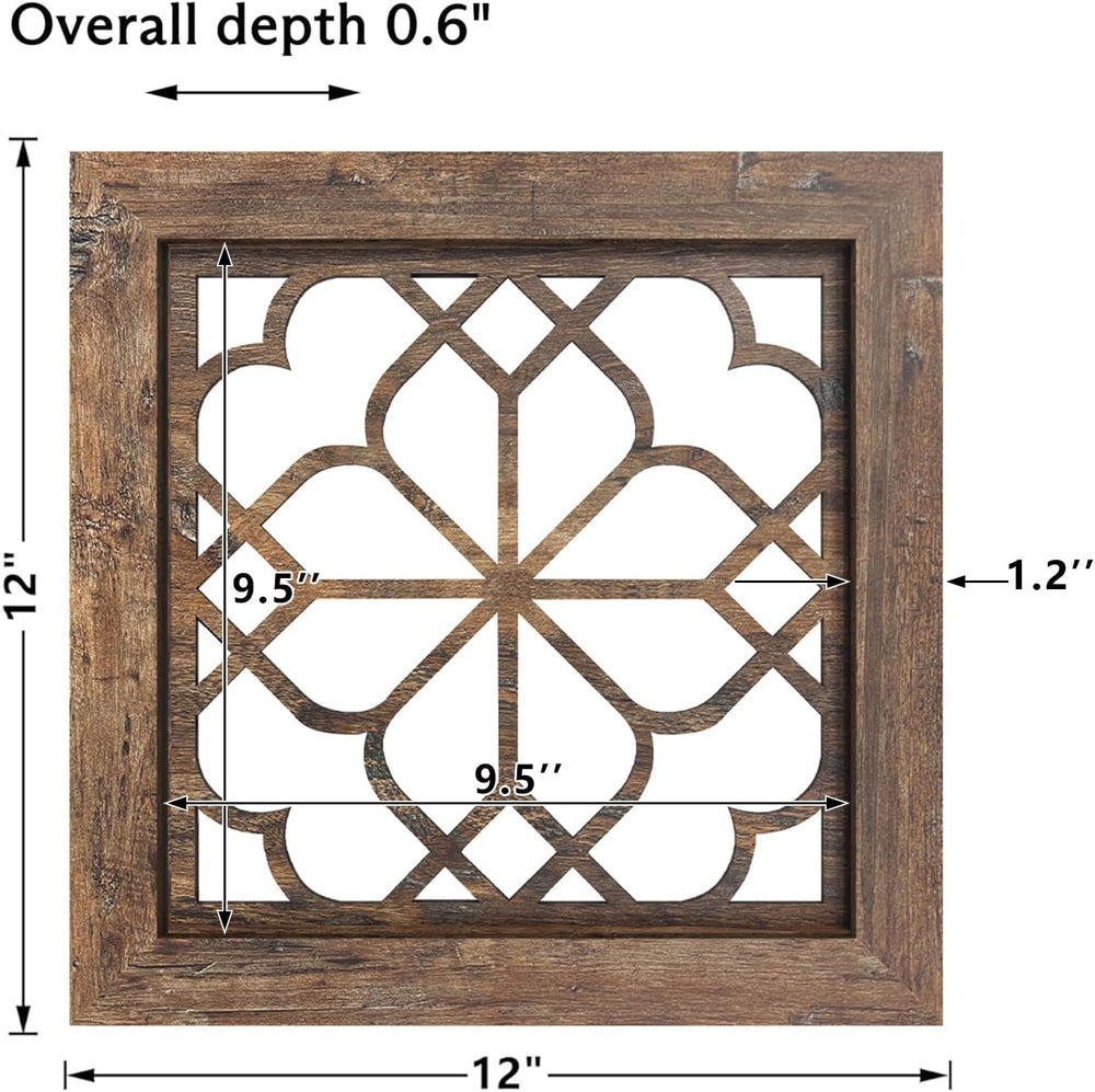 Set of 4 Boho Wall Mirrors with Carved Floral Design, 12x12 Inch Rustic Farmh...