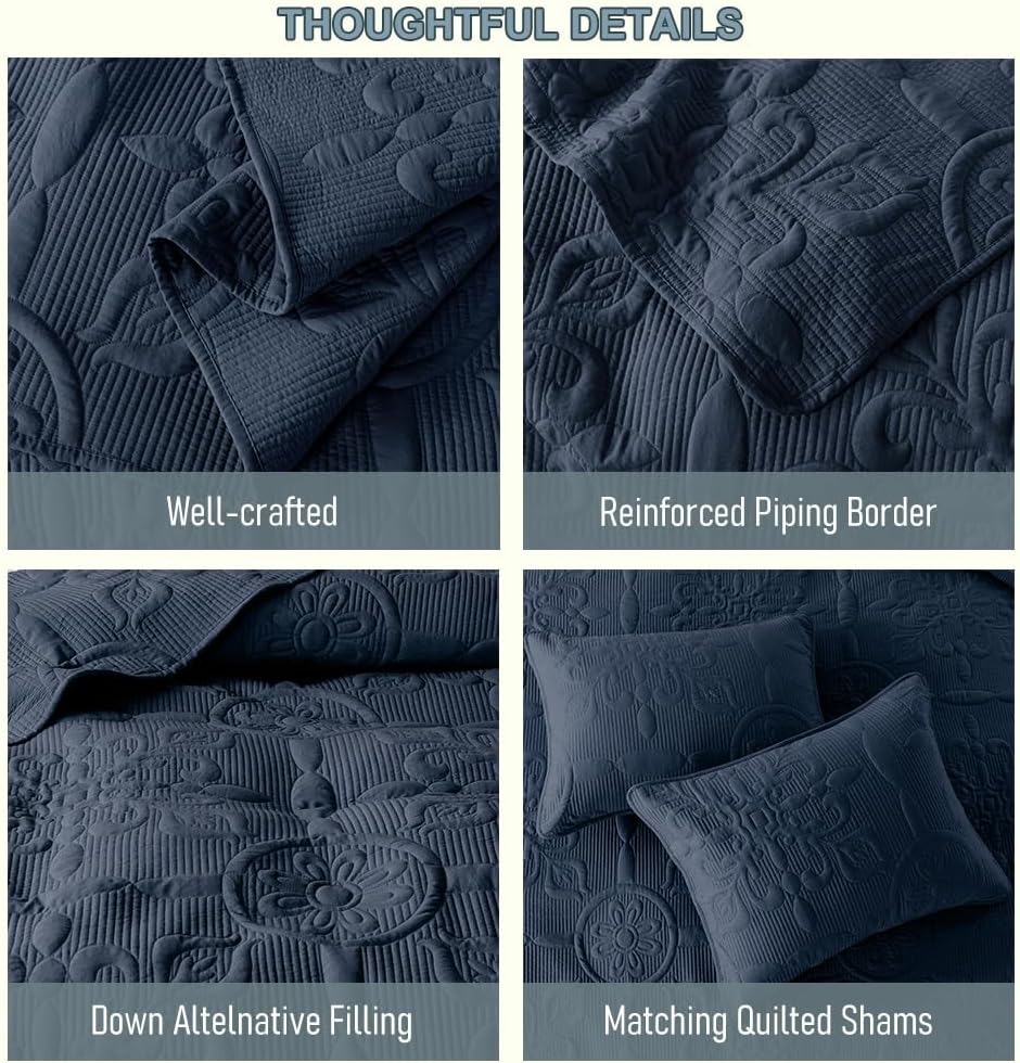 B2EVER Boho Quilt California King Size Bedding Set with Pillow Shams, Navy Bl...
