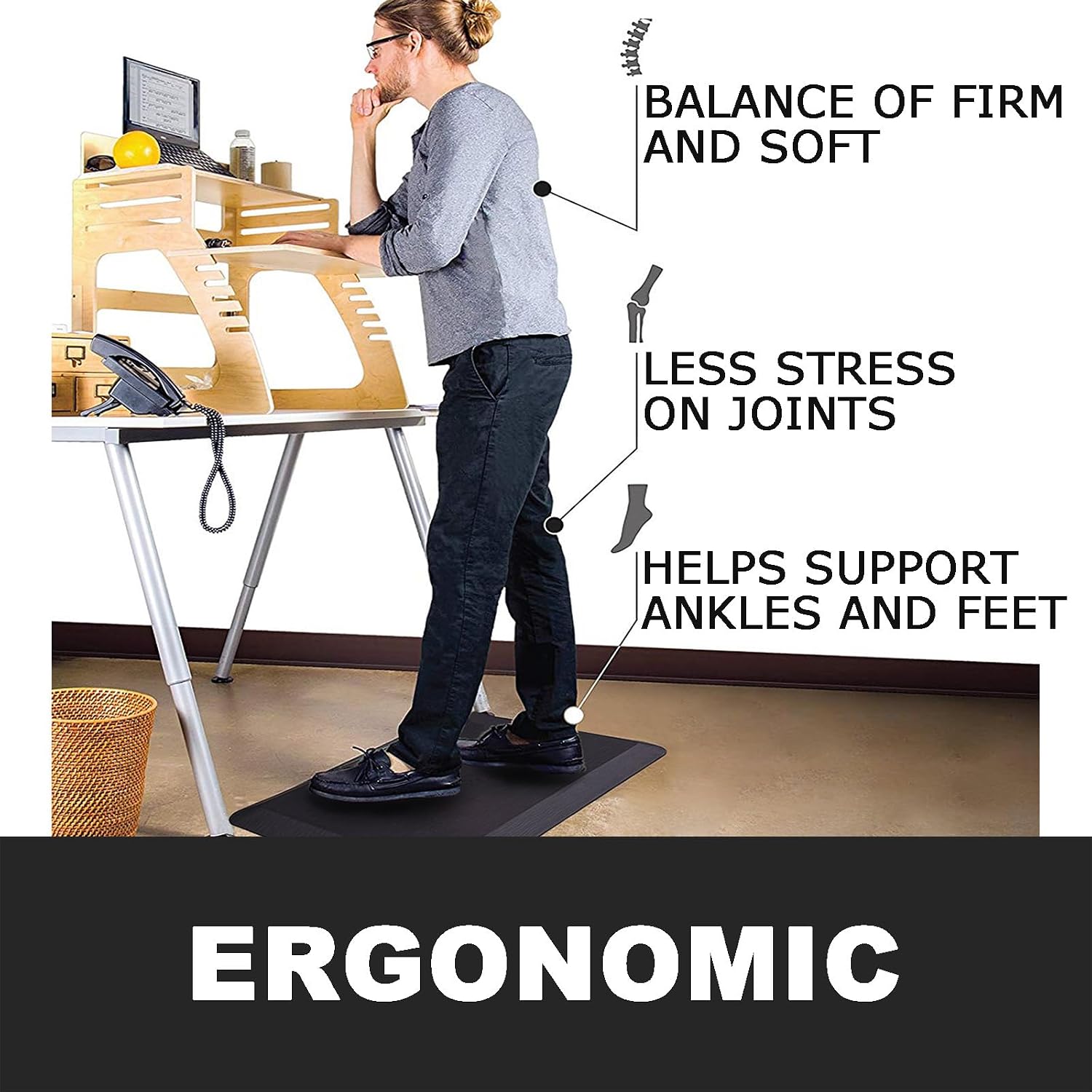 Extra Thick Anti Fatigue Kitchen Floor Mat 0.8 inch Comfort Standing Mat, Office Standing Desk Mat, Kitchen Rug, Massage Points Comfort Mat, 140D PU Foam (Black, 17'' x 22'')