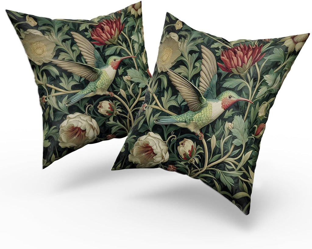 Giwawa Vintage Hummingbird Pillow Covers Set of 2, Rustic Green Bird Floral Pillow Cases 20x20in, Boho Flower Botanical Cotton Throw Cushion Covers for Sofa Couch Patio Seasonal Decoration