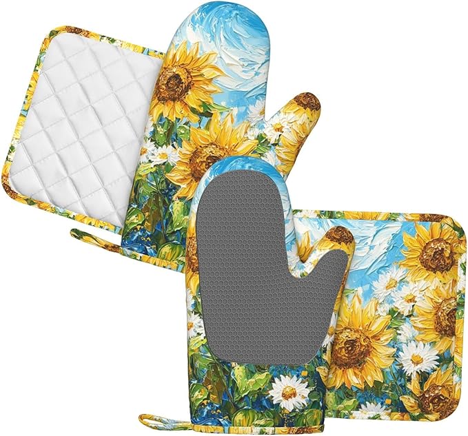 Oven Mitts and Pot Holders Sunflower Daisy Flower Art Silicone Kitchen - Image 2