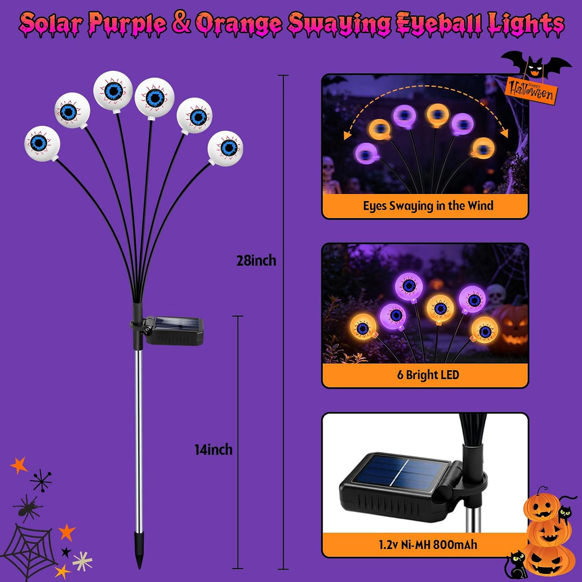 Halloween Decorations Outdoor, 4 Pack 24 LED Purple and Orange Solar Scary Eyeball Swaying Lights, Solar Firefly Light Waterproof Outdoor Lights for Halloween Yard Garden Party