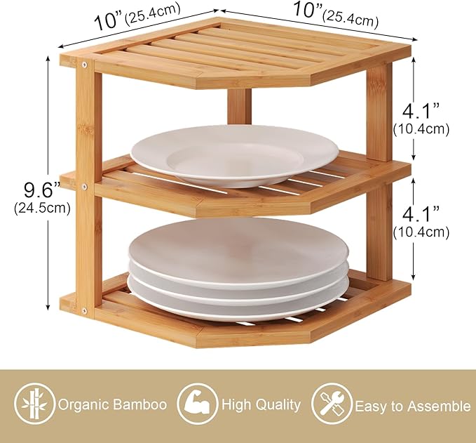 VERTORGAN 3 Tier Bamboo Corner Shelf, Plate Organizer, Dish Drying Rack - Image 3
