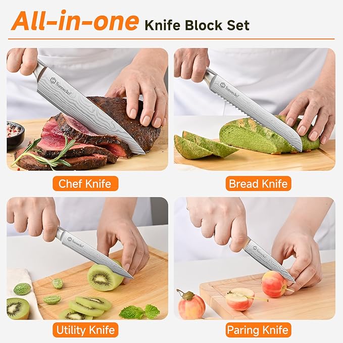 Sunnecko Knife Set with Block and Sharpener, 15 Piece Kitchen Knife Block Set