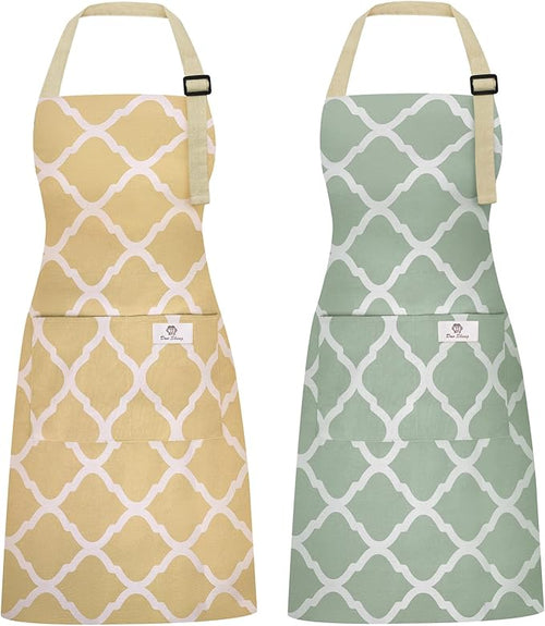 2 Pieces Aprons for Women with Pockets, Cotton Linen Waterproof Kitchen Cooking by Riqiaqia