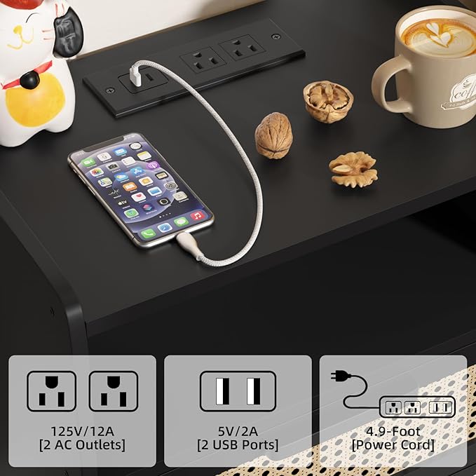 Lerliuo Rattan Nightstand with Charging Station, Black Bedside Table with Dra...