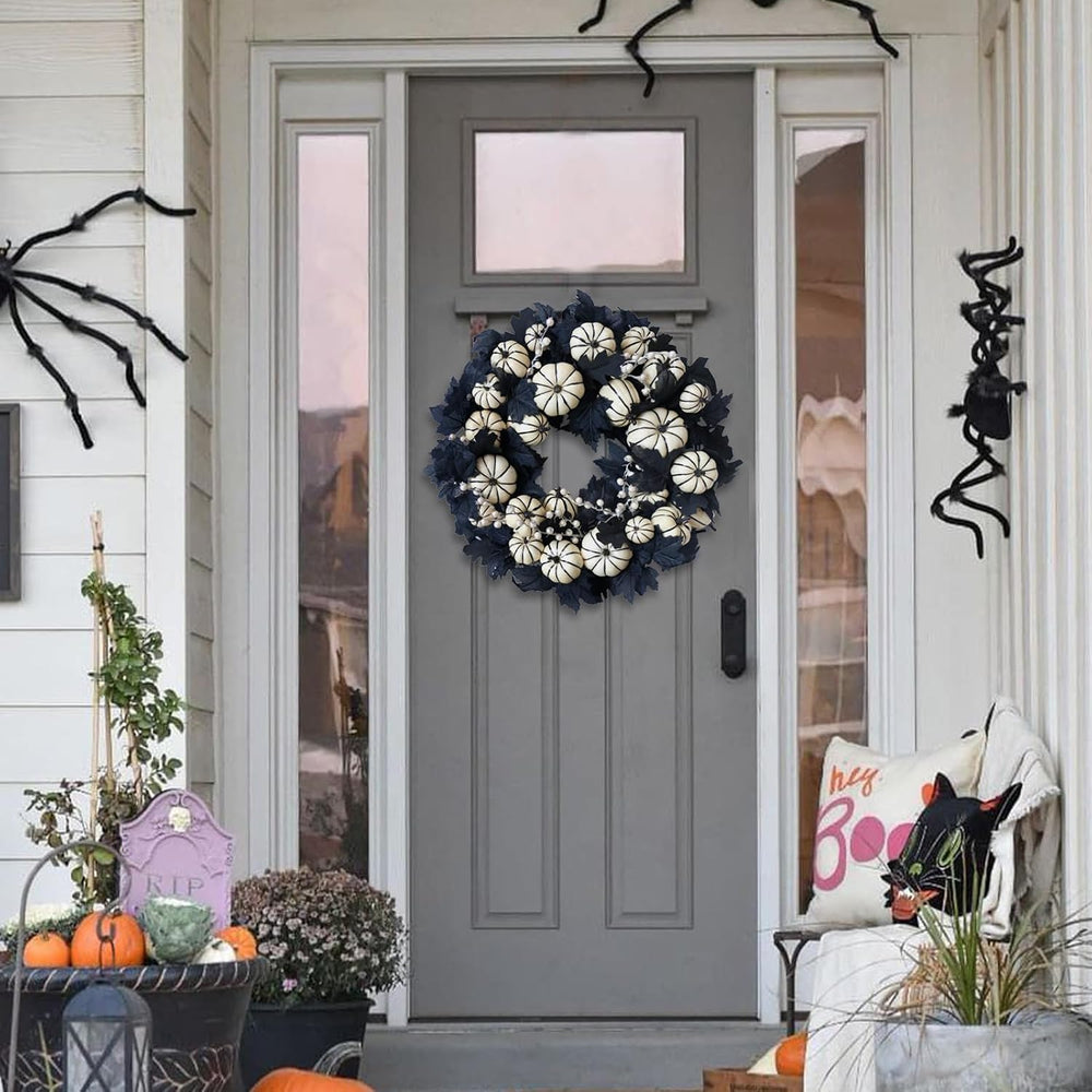 22inch Halloween Wreath Black Maple Leaf Wreaths White Pumpkin Wreath Holiday...