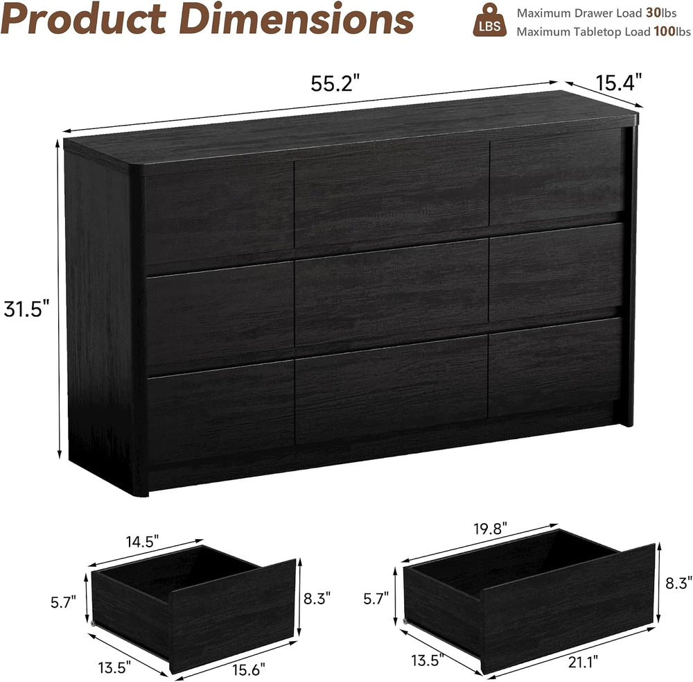 Black Dresser for Bedroom, 55" Wide Mid Century Modern Chest of Drawers ...
