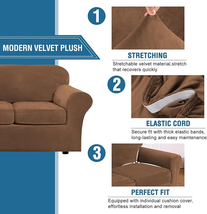 H.VERSAILTEX Real Velvet Plush 3 Piece Stretch Sofa Covers Couch Covers - Image 3