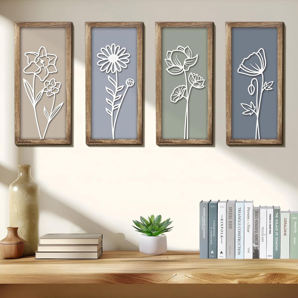 3D Wooden Floral Wall Art, 4 Pcs 7 x 16 Inch Flower Wood Carving Framed Bathr...