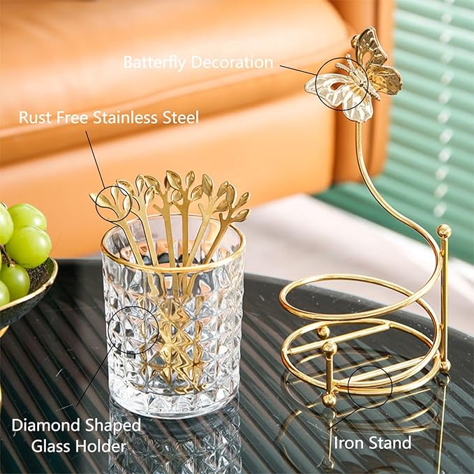 6PCS Coffee Spoons Set with Glass Holder, Small Stainless Steel Gold Tea Spoon - Image 2