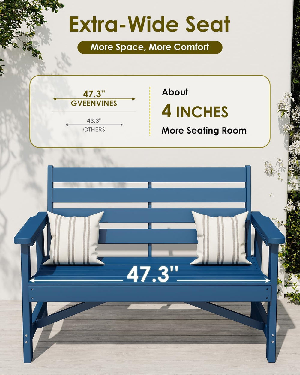 GREENVINES Outdoor Bench, 2-Person HDPE Garden Benches, Blue