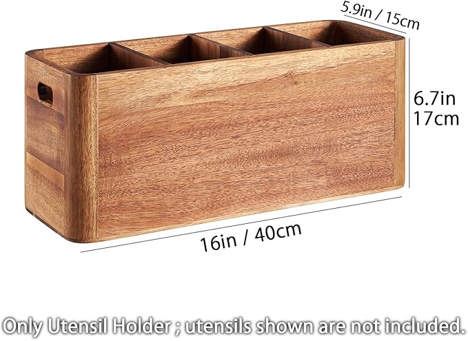 16" Wooden Kitchen Utensil Holder, Extra Large Acacia Wood Organizer - Image 2