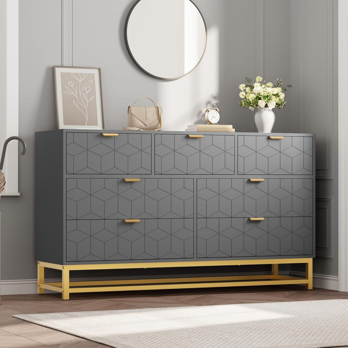 gaomon 7 drawer dresser, grey modern 54" large, main product view