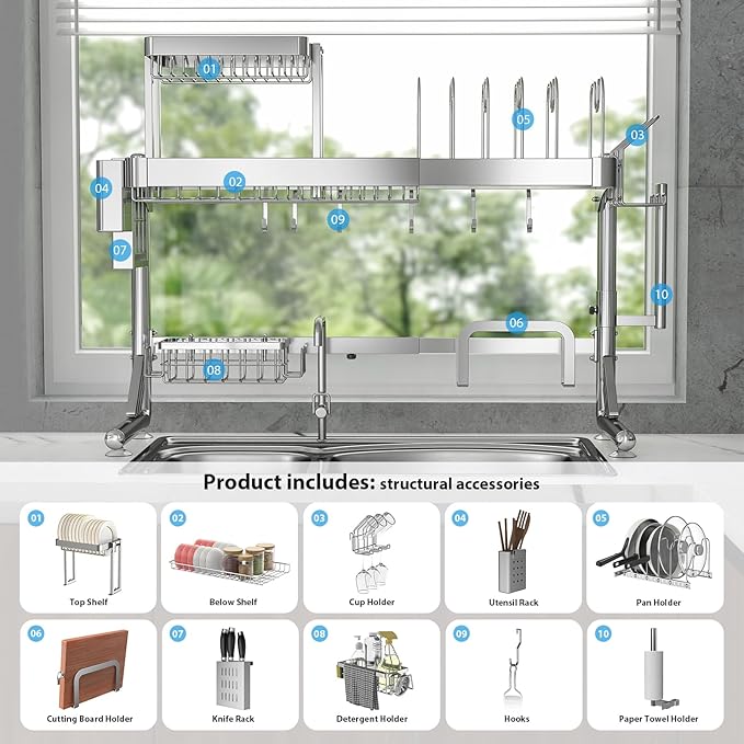 Over Sink Dish Drying Rack, Upgrade 2.5-Tier 304 Stainless Steel Dish Rack - Image 5