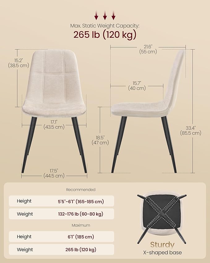 VASAGLE Dining Chairs, Set of 4 Dining Room Chairs, Metal Frame, Adjustable F...