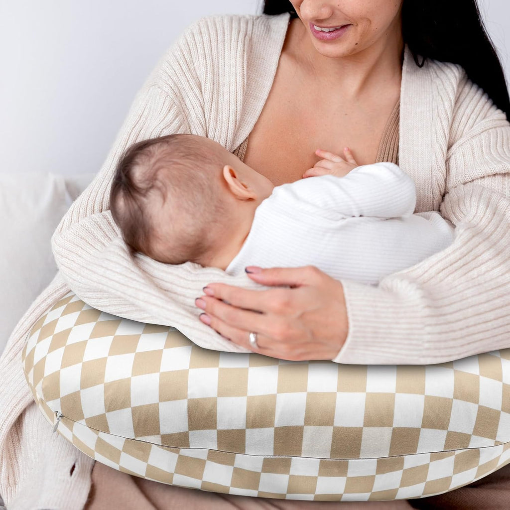 DILIMI Nursing Pillow Cover, Stretchy Removable Case for Breastfeeding Pillows, Ultra Soft Comfortable Slipcover for Baby Girl and Boy, Light Brown Checkerboard