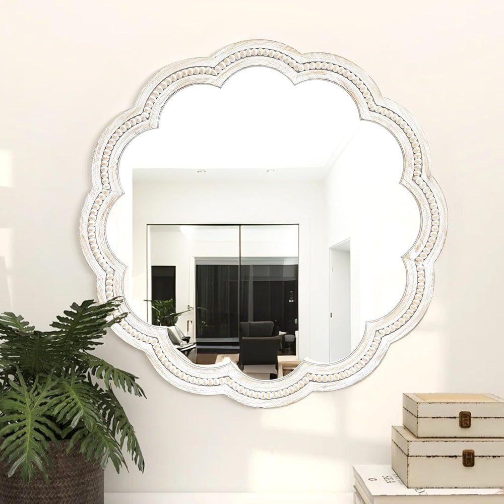 24 Inch Round Wall Mirror, Whitewashed Wooden Frame with Scalloped Edge &...