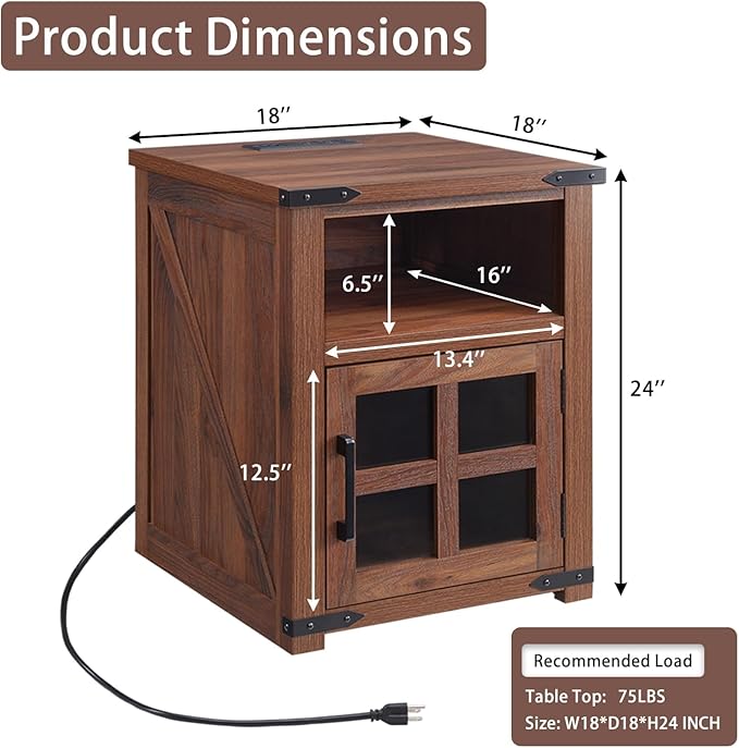 Farmhouse Nightstand with Charging Station, Rustic End Table with Tempered Gl...