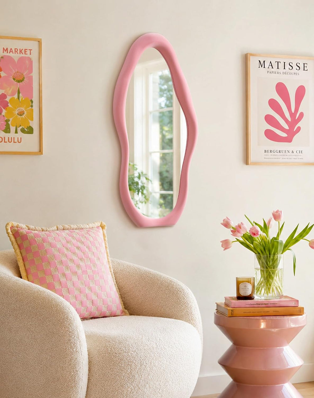 Irregular Wall Mirror Decor for Living Room Hallway,30x14",Soft Pink