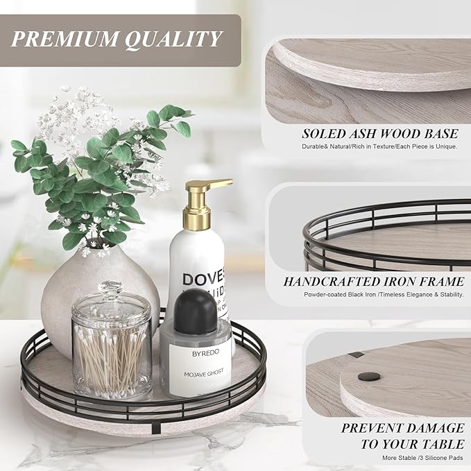 9" Wooden Lazy Susan Organizer for Cabinet, Turntable Round Decorative Tray for - Image 6