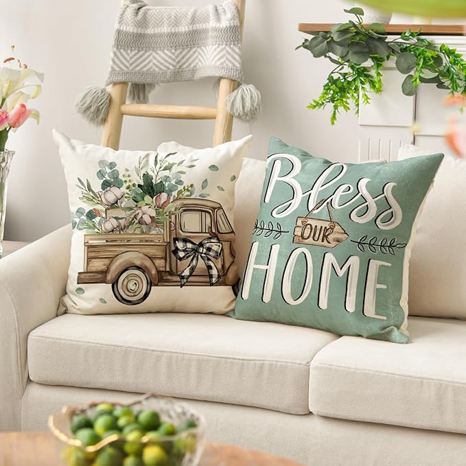 AVOIN colorlife Bless Our Home Farmhouse Eucalyptus Leaves Throw Pillow Covers - Image 5