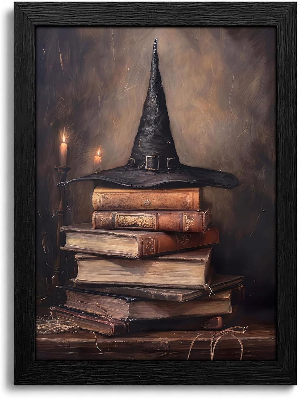 Framed Halloween Wall Art Witch Hat and Spell Books Pictures Painting Dark Ac...