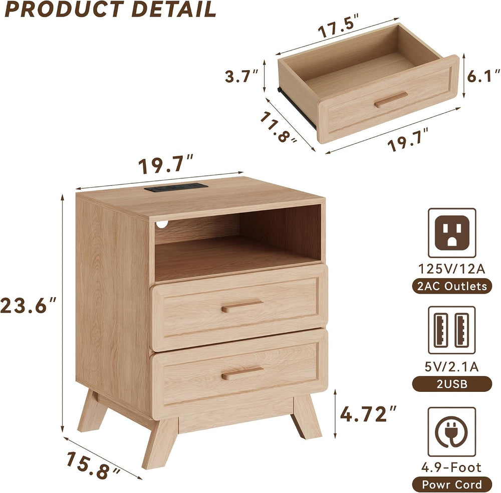 YANSNWO Natural Nightstand with Charging Station, 23.6" Tall Bedside Table