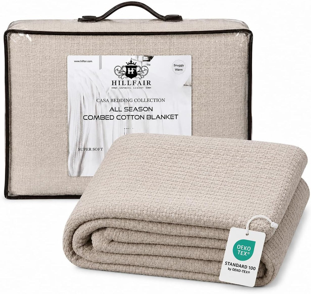 HILLFAIR 100% Combed Cotton Blanket– Queen Bed Blanket– Soft Cozy Warm Multip...