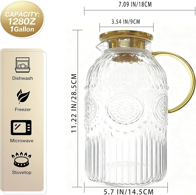 Amzcku Glass Pitcher with Lid, 1 Gallon/128 oz Vintage Water Pitcher, Water