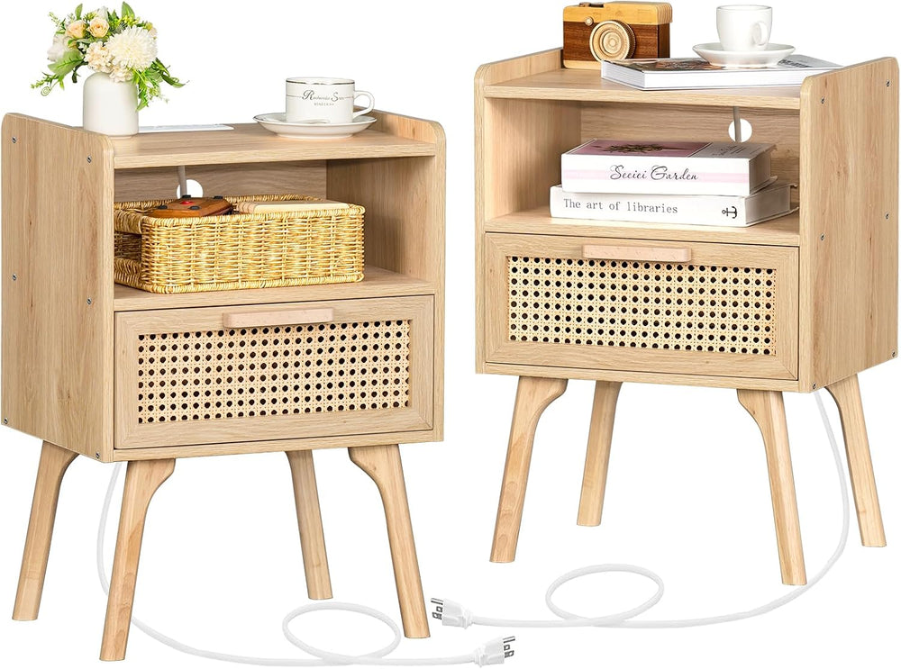 Lerliuo Rattan Nightstands Set of 2 with Charging Station, Boho Side Table wi...