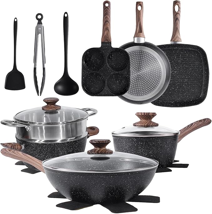 17 Pcs Pots and Pans Set, Nonstick & Non-Toxic Healthy Pots and Pans, by RayBear