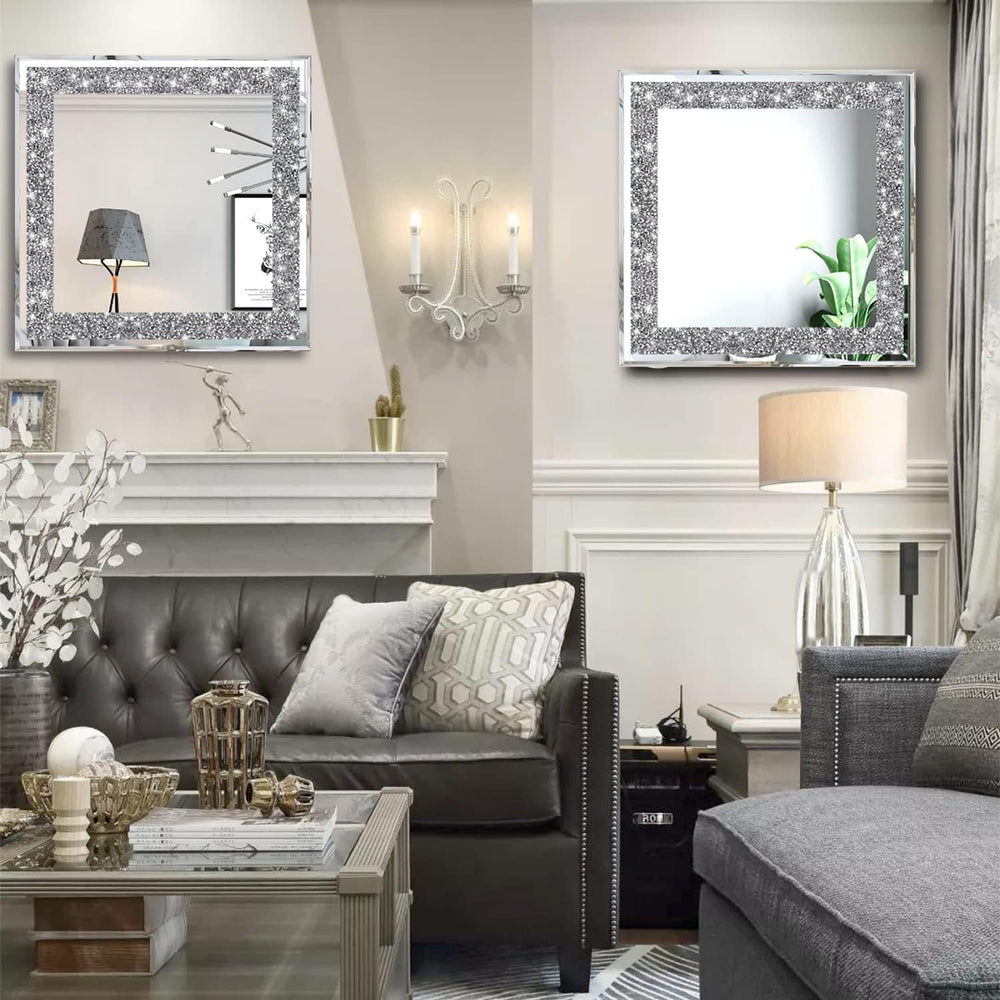 2 Piece Wall Mirrors, Crush Diamond Mirrors Decor, Silver Decorative for Livi...