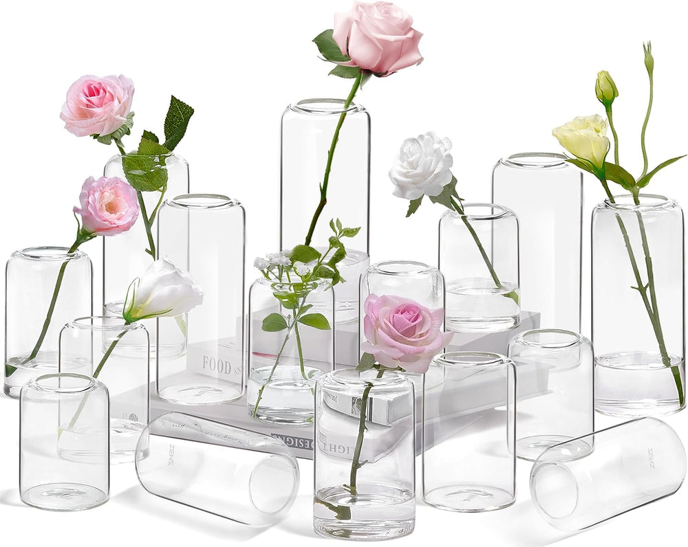 ZENS Bud Vases in Bulk Set of 16, Modern Small Glass Vases for Flower Clear B...