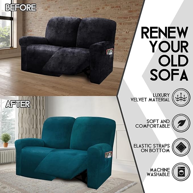 ULTICOR Reclining Love Seat Slipcover, 6-Piece Velvet Stretch Loveseat - Image 3