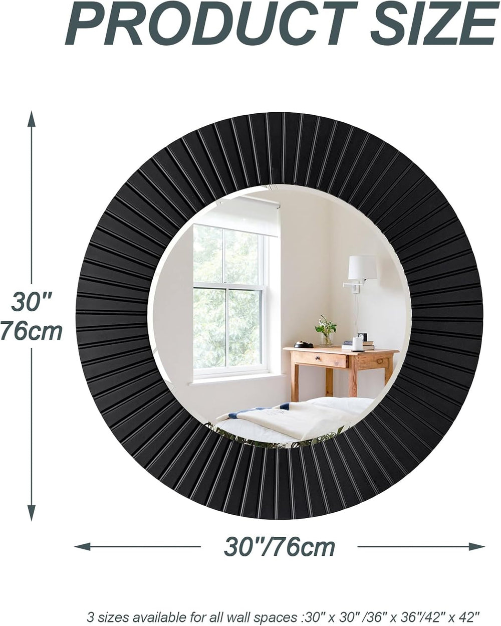 Chende 30'' Black Round Wall Mirror for Bathroom with Fluted Wood Frame