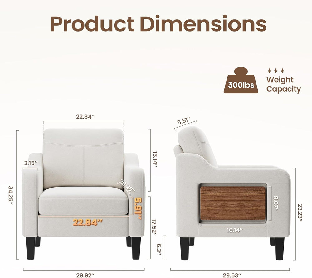 Upholstered Accent Chair with Foldable Side Table for Living Room | 2 Side Po...
