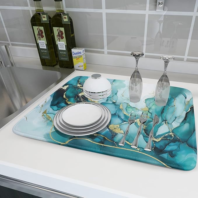 Giwawa Teal Marble Dish Drying Mat Turquoise Blue Marbling Print Dish Drainer - Image 6