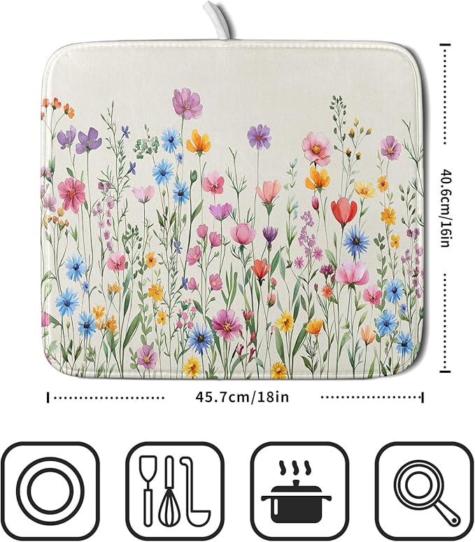 Giwawa Spring Floral Dish Drying Mat 16"x18" Watercolor Summer Wildflower Dish - Image 2