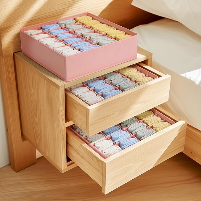Joyoldelf 4-Pack Pink Fabric Dresser Drawer Organizers, 24-Cell Sock Drawer - Image 4