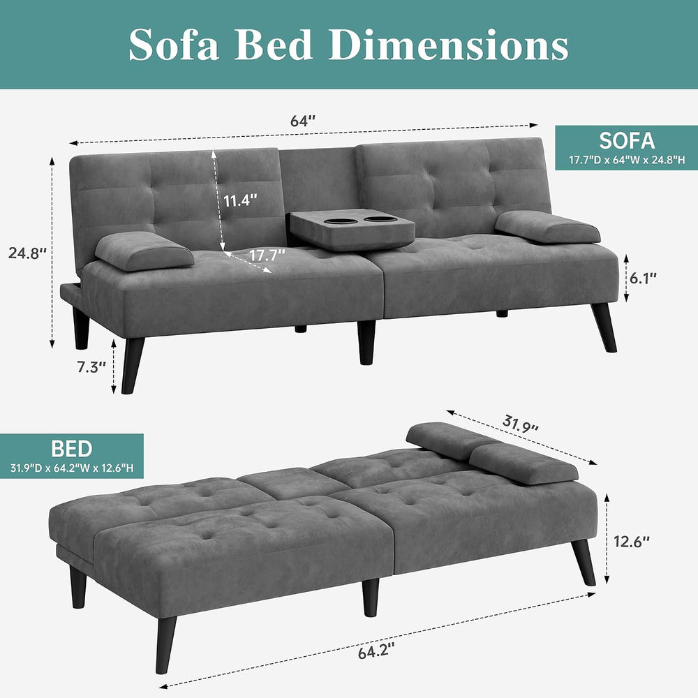 64" Futon Sofa Bed, Small Couch with 2 Cup Holders, Grey