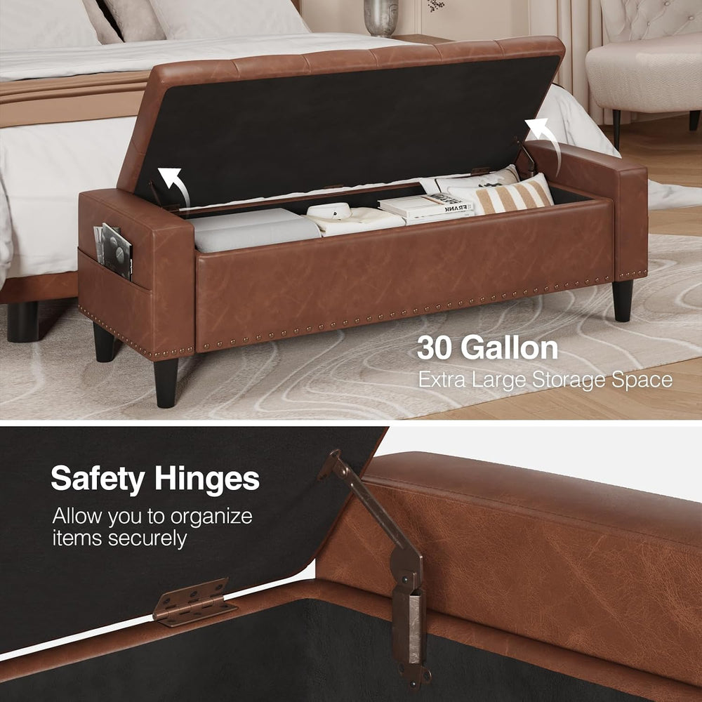 60" Storage Ottoman Bench, Faux Leather Upholstered Bed Bench, Brown | B...