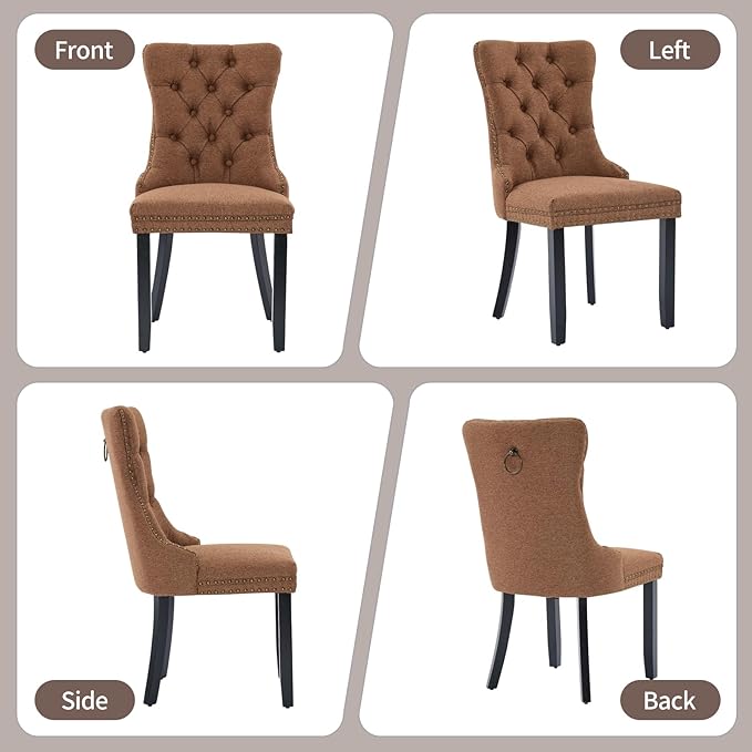 Brown Dining Chairs Set of 6, Upholstered Tufted Linen Fabric Dining Room Cha...