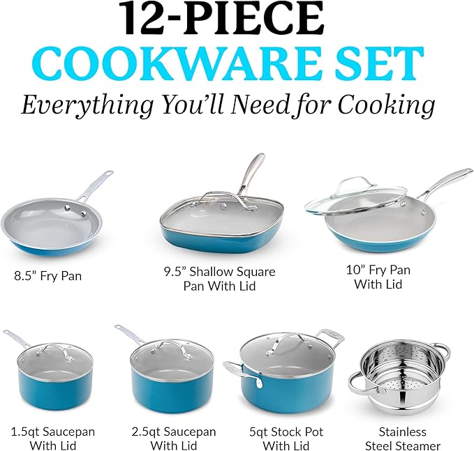 Gotham Steel Aqua Blue Pots and Pans Set, 12 Piece Nonstick Ceramic Cookware - Image 2