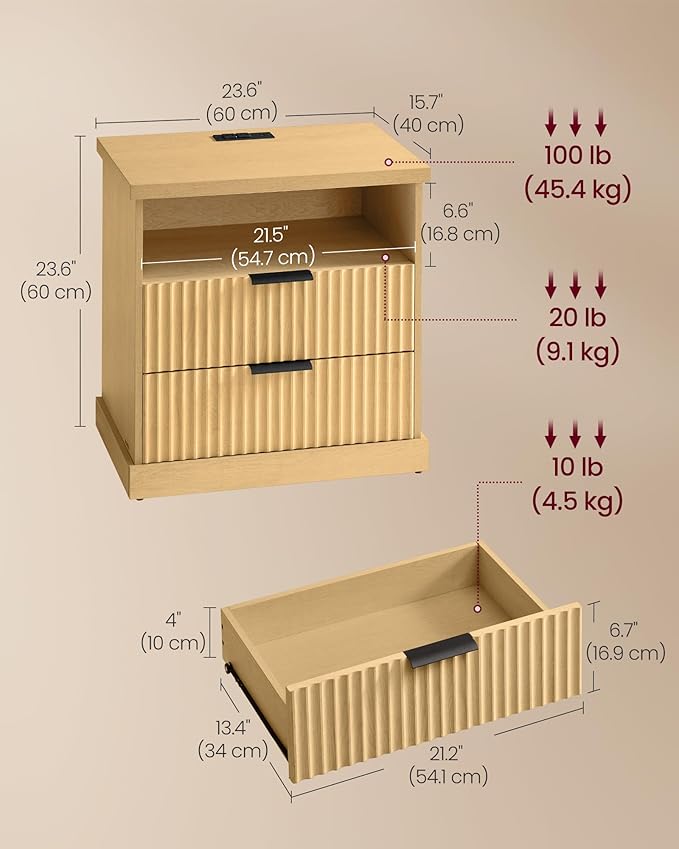 VASAGLE MAXE Collection - Set of 2 Nightstands with Charging Station, Bedside...