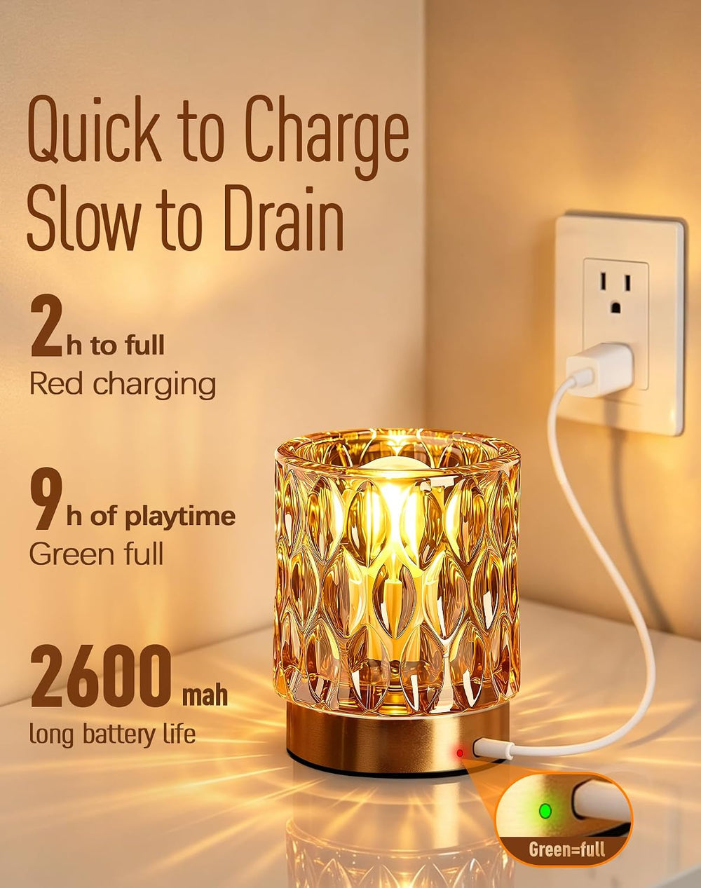 Cordless Mini Crystal Rechargeable Table Lamp No Plug with Touch Control