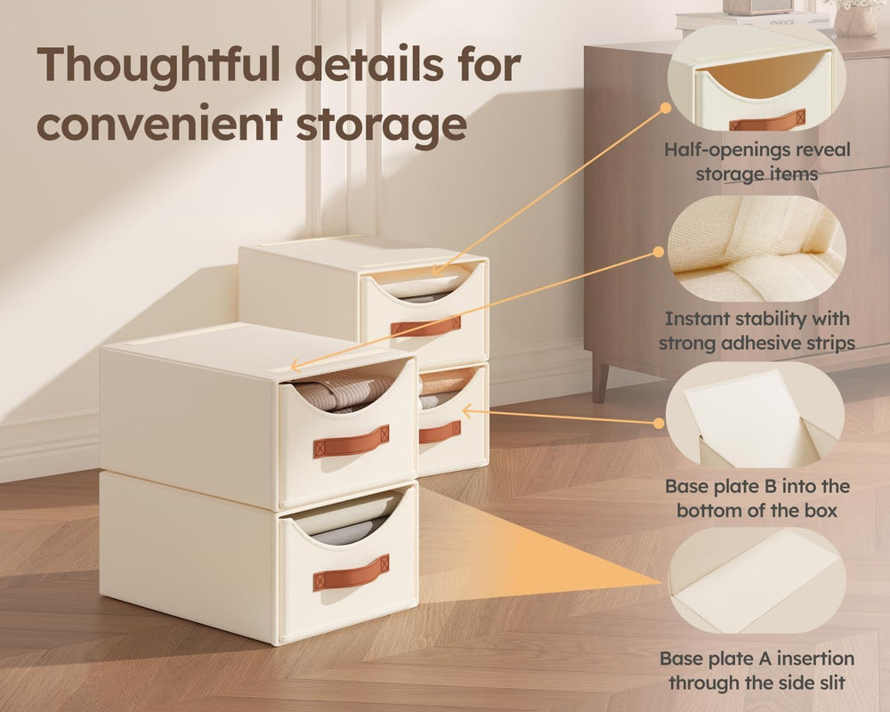 Stackable Storage Drawers - Collapsible Storage Bins with Drawers, 4 Pack Clo...